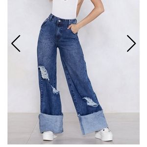 High-waisted distressed wide-leg denim
